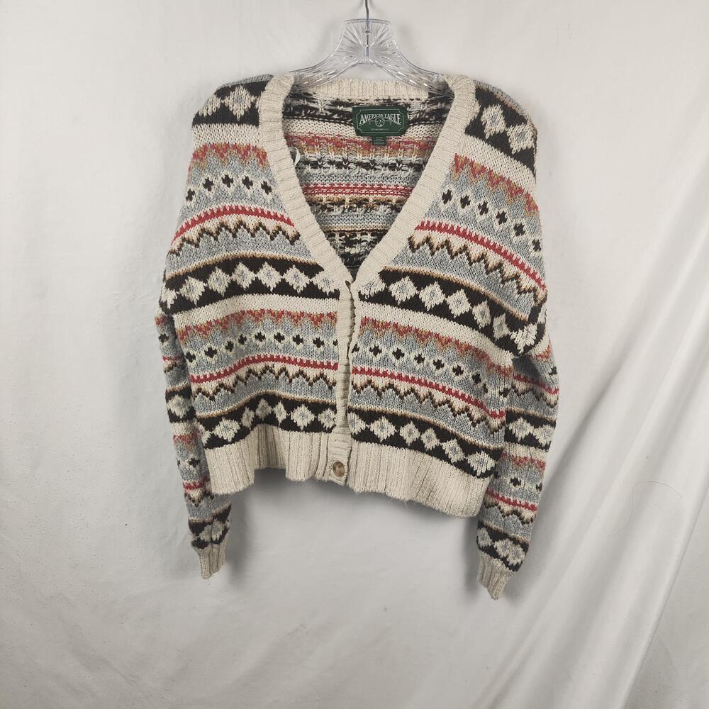 American Eagle Cardigan Sweater Mens Small Multicolor Fair Isle V Neck Knit